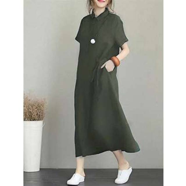 SHEIN Polo Dress Short Sleeve Women&#39;s T-Shirt Dress Loose Midi Dresses Knee-Length Swing Summer Dress Casual Dress With Pockets
