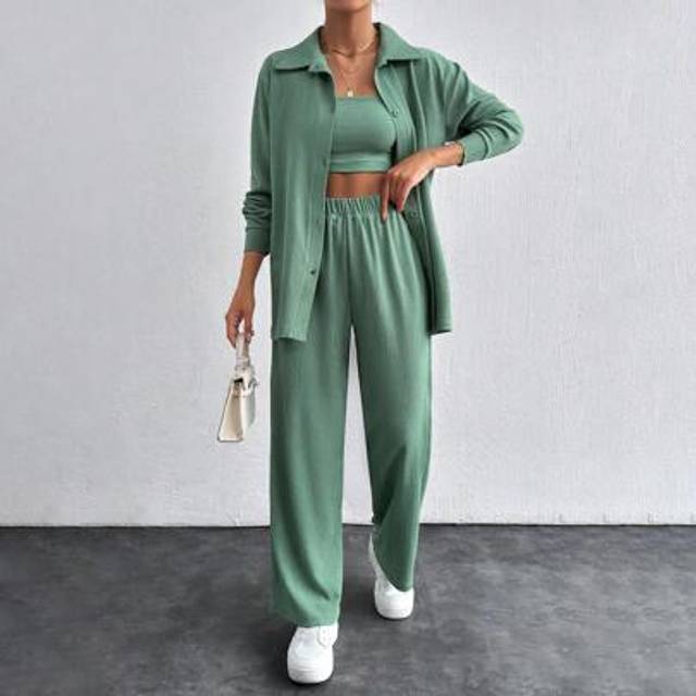 SHEIN 3 Piece Set Of Textured Shirt & Strapless Top & Pants Casual & Fashionable