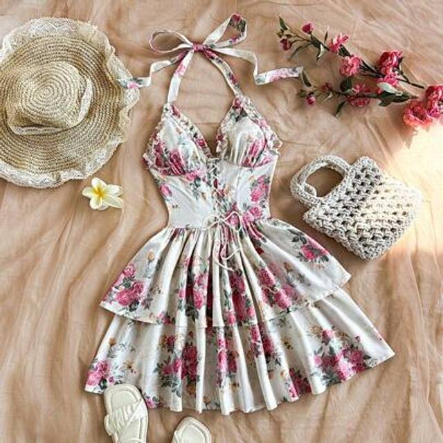 Soleia Vintage Rose Print Ruffle Trim Halter Neck Self-Tie Front Romantic Casual Sundress For Spring/Summer, Suitable For Graduation, Wedding, Back To School