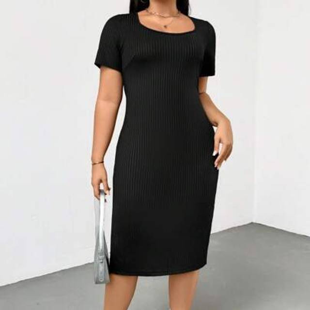 SHEIN Plus Size Women&#39;s Spring And Summer Fashion Casual Comfortable High Elastic Cool Daily Basic Slim Black Short-Sleeved Knee-Length Dress,Work Dress,Bla