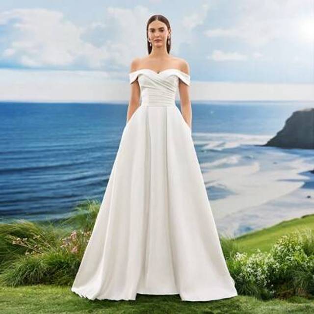SHEIN Off The Shoulder Elegant Formal Evening Prom White Satin Wedding Dresses For Bride , For Graduation, Dinner