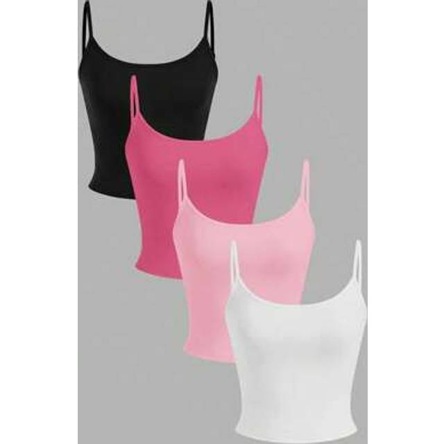 SHEIN 4pcs Women Solid Color Crop Tank Top, Black, White, Pink, Rose Red, Casual Fitted Summer