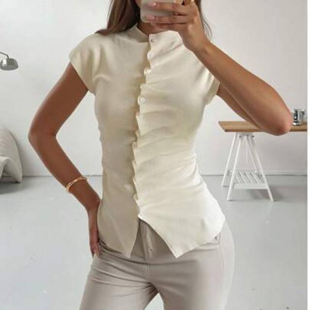 SHEIN FOR BEAUTY Spring And Summer New Round Neck Button Folded Short Sleeved Knitted Bizchic Cardigan Women Tops Slim Fit Daily Casual Commuting Style Grad