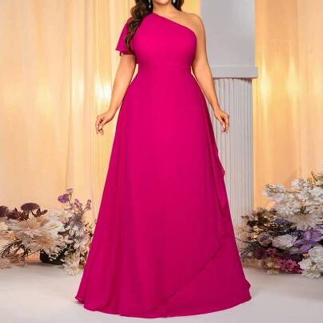 SHEIN Plus Size Asymmetrical Hem Long Bridesmaid Dress With Asymmetric Neck Ruffle Sleeves