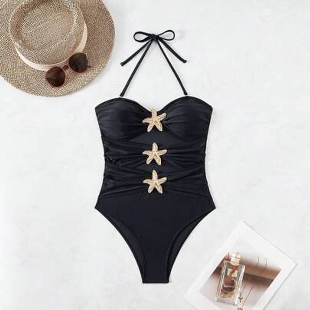SHEIN Women Solid Color Spaghetti Strap Beach Vacation Waist Hollow Metallic Starfish Design One-Piece Swimsuit, New Summer