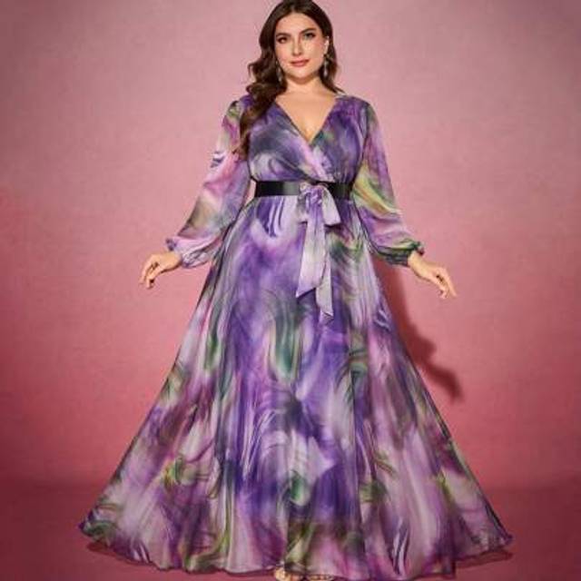 SHEIN Plus Size Women&#39;s Random Floral Print Faux Leather Belted Crossed Neck Lantern Sleeve Elegant Long Dress
