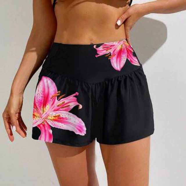 SHEIN Women&#39;s Loose Lily Flower Printed Pocket Beach Shorts, Suitable For Summer Vacation
