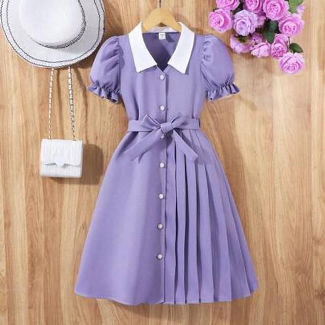 SHEIN Tween Girls&#39; Chiffon Puff Sleeve Elegant Campus Style Summer Dress