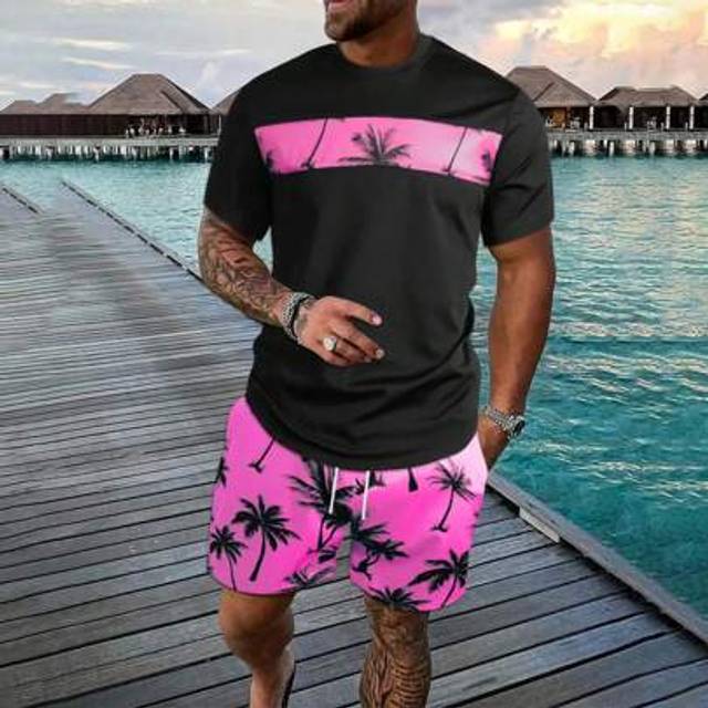 SHEIN 2pcs Set Men Summer Casual Outfit - Polyester Breathable Mesh T-Shirt & Coconut Tree Print Drawstring Shorts