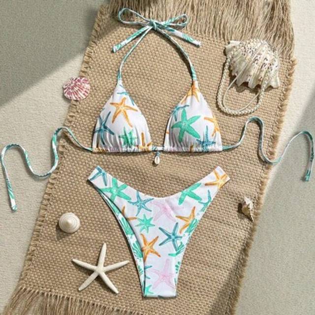 SHEIN 2pcs/Set Summer Holiday Random Print Ribbed Textured Fabric Shell Decor Triangle Top And High Cut Briefs Sexy Bikini Swimsuit