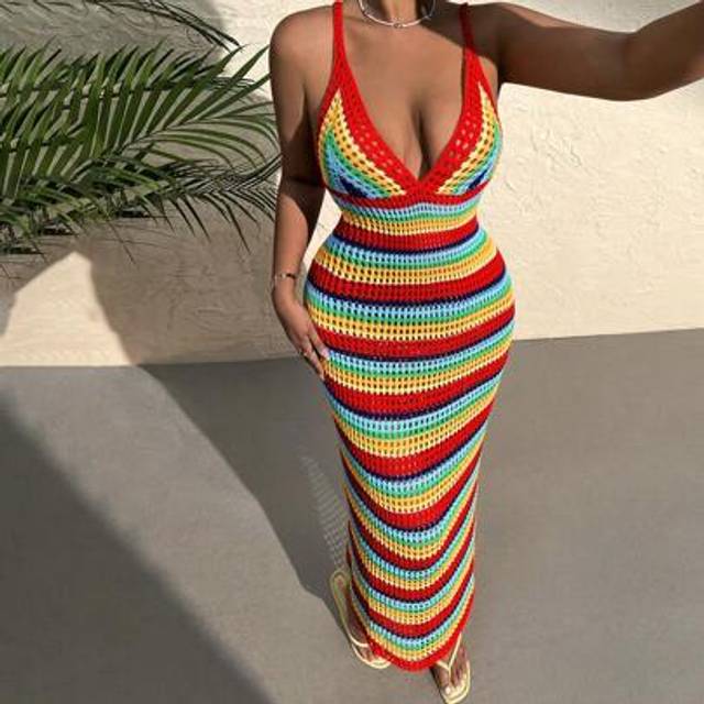 SHEIN Plus Size Rainbow Striped Maxi Dress Knit Sweater, Suitable For Spring And Summer Holiday