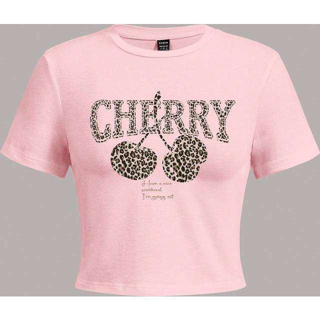 SHEIN Casual Cherry & Leopard Print Pattern Round Neck Short Sleeve Bodycon T-Shirt For Women, Suitable For Summer