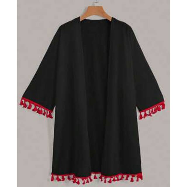 Swim Vcay Black & Red Fringed Ladies Kimono Cover Up, Suitable For Spring, Summer, Vacation, Beach, Party, Festival, Daily Boho Wear