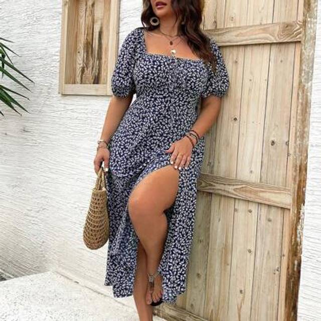 SHEIN Plus Size Women&#39;s Elegant Summer Holiday Ditsy Floral Front Tie Square Neckline Long Puff Sleeve Dress, For Christmas Maxi Women Outfit