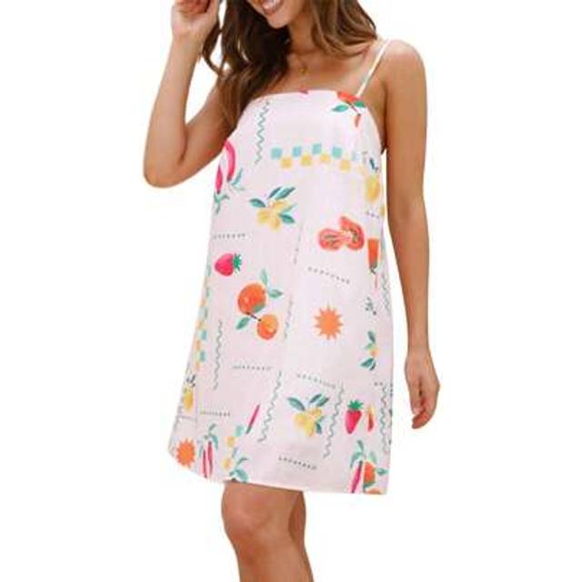 SHEIN Women Summer Tunic Mini Tank Dress, Spaghetti Straps Backless Cute Print A-Line Casual Loose Short Dresses