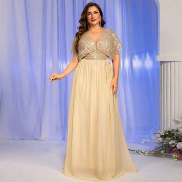 SHEIN Plus Size Women Glittery Contrast Bat-Sleeve Cocktail Party Dress