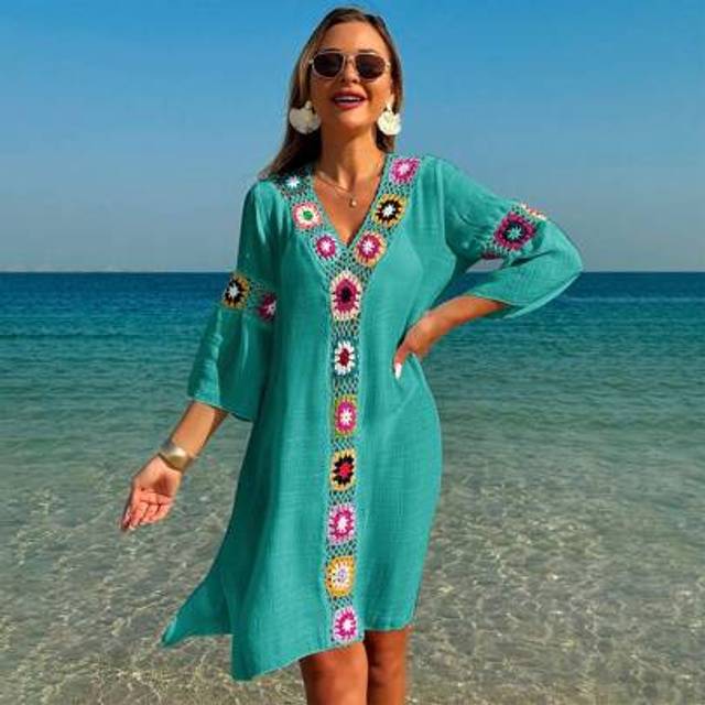 SHEIN Women Beach Summer V-Neck 3/4 Sleeve Crochet Floral Pattern Color Random Slit Loose Dress Cover-Up