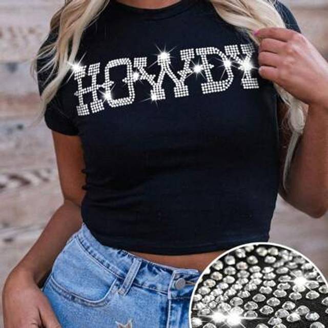SHEIN Casual &#34;HOWDY&#34; Rhinestone Graphic Cowgirl Style T-Shirt, Women&#39;s Round Neck Short Sleeve Top