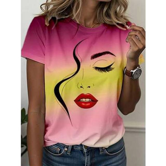 SHEIN Women&#39;s T-Shirt With Abstract Human Face Line Art Print, Ombre Color Short Sleeve Round Neck Casual Top, Spring/Summer