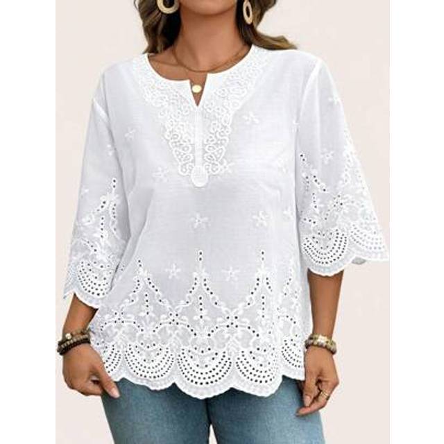 SHEIN Plus Size Vacation Casual Solid Color Hollow Embroidered Blouse Summer Outfits For Women&Vacation Outfits Woman&Wedding Season Summer Tops  Summer New