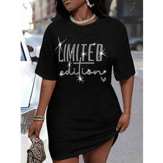 Maweii Plus Size Women Diamond Letter Print Crew Neck Short Sleeve Casual Dress
