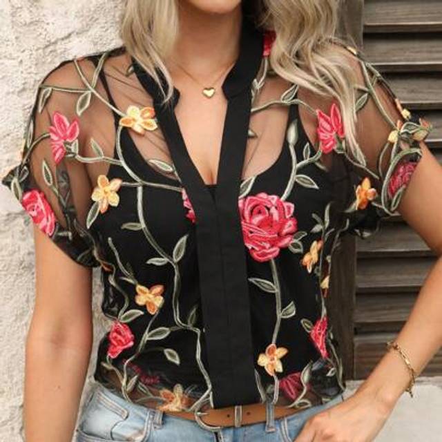 SHEIN Women&#39;s Summer Mesh Floral Embroidered Cutout Neck Sheer Blouse See Through Top Summer Outfits For WomenFloralCountry Outfits Women Gifts For Mothe