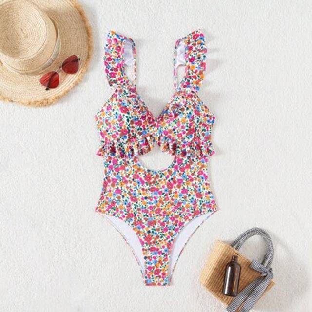 SHEIN Women&#39;s Floral Print Hollow Out One-Piece Swimsuit With Ruffle Edge, Random Print