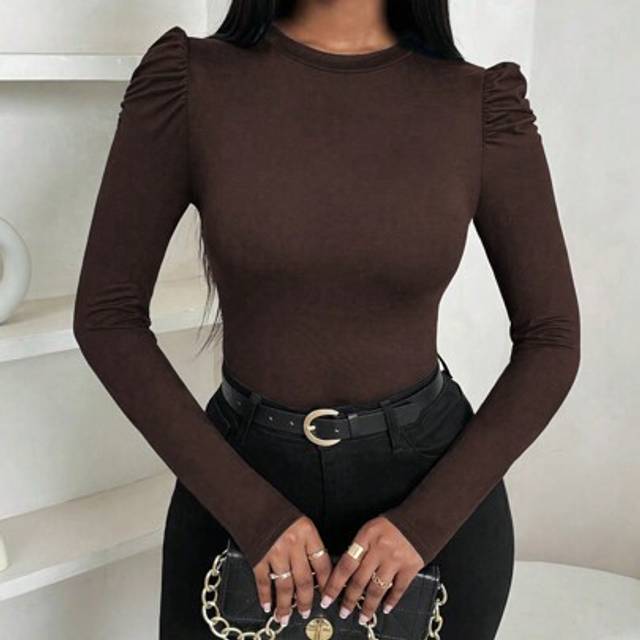 VaVaBold Women&#39;s Round-Neck Puff Sleeve Women&#39;s Elegant Slim Long-Sleeved T-Shirt, Autumn And Winter Women&#39;s Clothing, Bottom T-Shirt