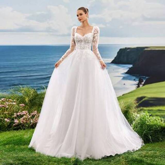 SHEIN Shoulder Long Sleeved High-End Pearl Embroidered Lace Heart-Shaped Collar Aline Mesh Trailing Wedding Dress Luxurious Elegant Romantic Wedding Dress B