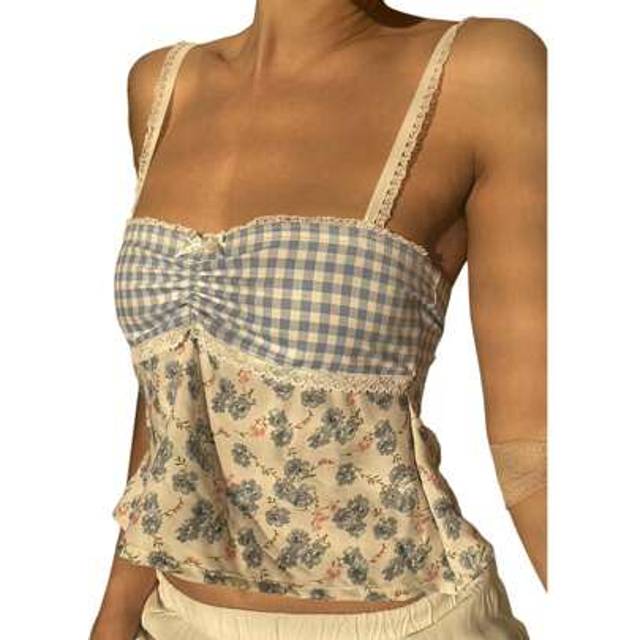 SHEIN Women Plaid Floral Print Camisoles Lace Trim Sleeveless Sling Tank Tops Summer Slim Fit Vests Crop Tops Streetwear