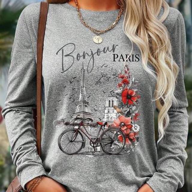 SHEIN Women&#39;s Romantic Paris Themed Digital Print Long Sleeve Casual T-Shirt, Comfortable And Versatile For Home Or Outdoor, Spring/Summer