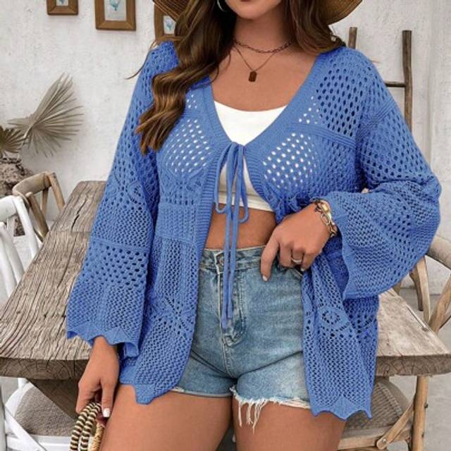 SHEIN Plus Size Women&#39;s Solid Color Crochet Lace-Up Long Sleeve Maxi Cover Up, Sexy Lightweight Summer Beach Swimsuit Cover-Up For Holiday