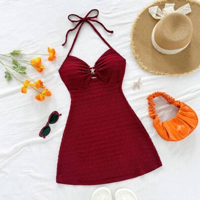 Soleia Sexy Holiday V-Neck Starfish Metal Decor Halter Strap Open Back Textured Fabric A-Line Mini Dress, Suitable For Holiday, Date, Afternoon Tea, Vacation