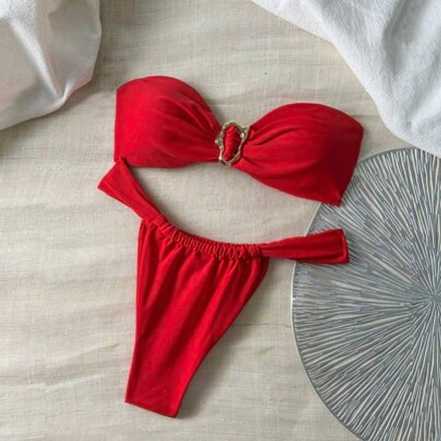 SHEIN Women Spring Break Summer Solid Color Metal Strapless Bandeau Top & Thong Bikini Set, Sexy Swimwear