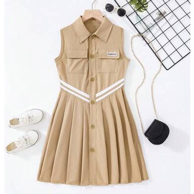 SHEIN Tween Girls Khaki Dress Sleeveless Collared Shirt Dress With Pleated Skirt And Button Front Detailing