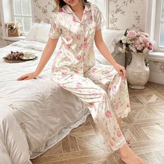 SHEIN Lace Trimmed Faux Silk Floral Print Collared Short Sleeve And Long Pants Pajama Set