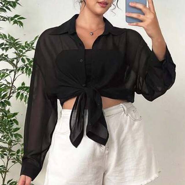 SHEIN Plus Size Women Casual Sheer Loose Long Sleeve Cardigan Shirt Suitable For Summer, Autumn, Back To School, Dating, Indoor Tea Party, Beach, Hawaii, Da