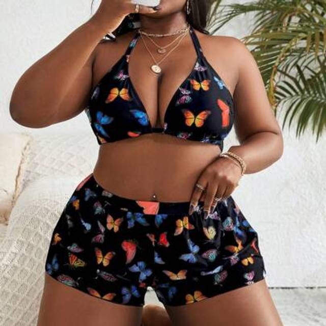 SHEIN 2025 Plus Size Women&#39;s Vacation Butterfly Print Halter Tie Sexy Bikini 3-Piece Set With Shorts Summer