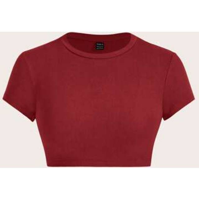 SHEIN Casual Minimalist Burgundy Graphic Round Neck Short Sleeve Tight Cropped T-Shirt For Women, Suitable For Summer