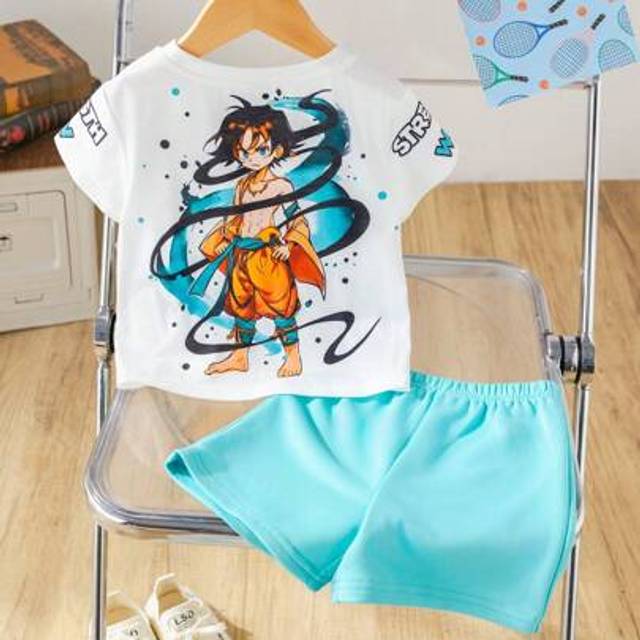 SHEIN 2pcs Set Baby Boys Cute Cartoon Pattern Short Sleeve T-Shirt And Shorts Set, Summer