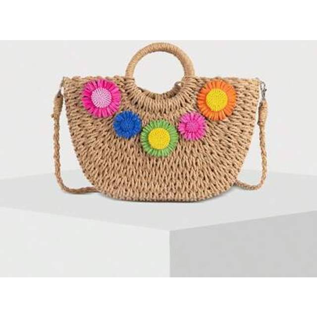 SHEIN Handmade Raffia Flower Pom Pom Tassel Decor Beach Style Semicircle Women Handbag Shoulder Bag