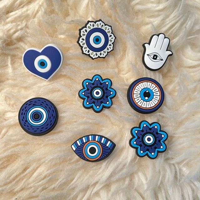 SHEIN 8pcs Blue Devil Eye Pattern Detachable Shoe Charms For Diy Accessories, Blue Shoes Accessories For Spring Summer