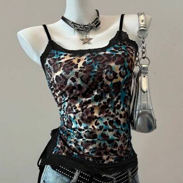 SHEIN Summer Country Concert Outfit Leopard Print Camisole Tank Top With Black Lace Trim