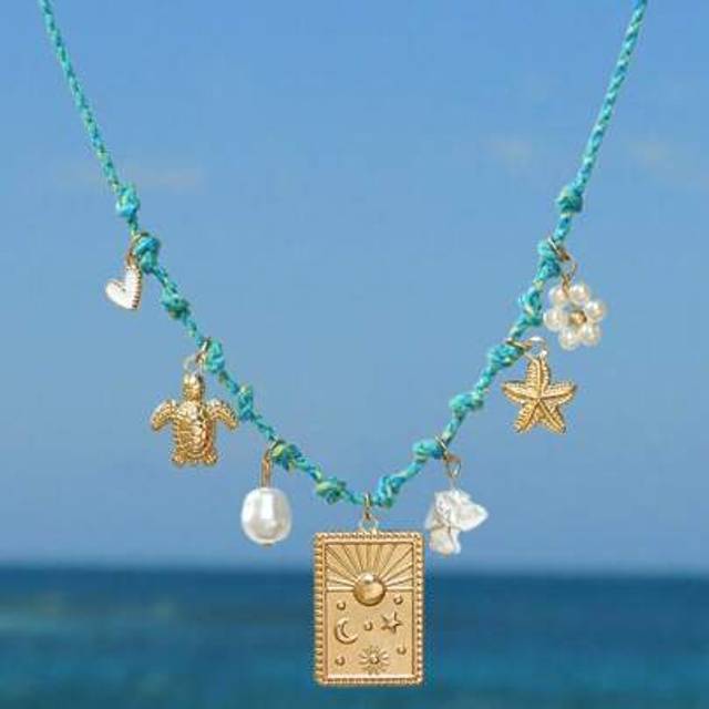 SHEIN 1pc Bohemian Style Colorful Braided Necklace With Faux Pearl, Drip Oil Heart, Turtle, Starfish, Star, Moon Pendant Necklace For Women