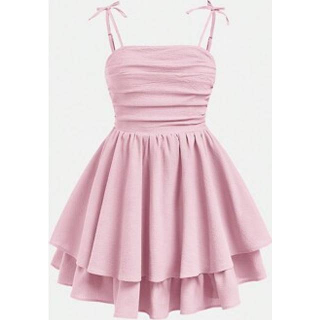 SHEIN Teen Girls&#39; Woven Solid Color Ruffled Layered Casual Slip Dress