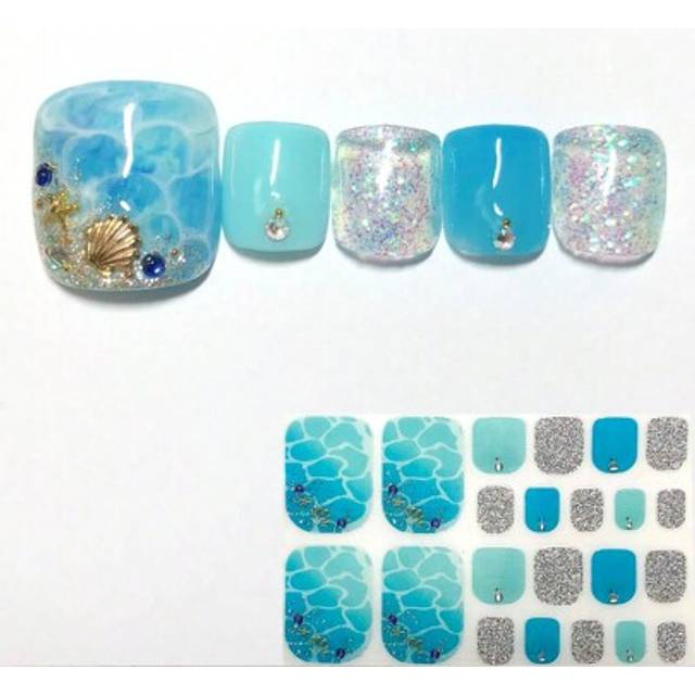 SHEIN 3D Simulated Diamond Blue Ocean Gradient Shell Design Toe Nail Stickers, 22pcs/Pack, Summer New Arrival