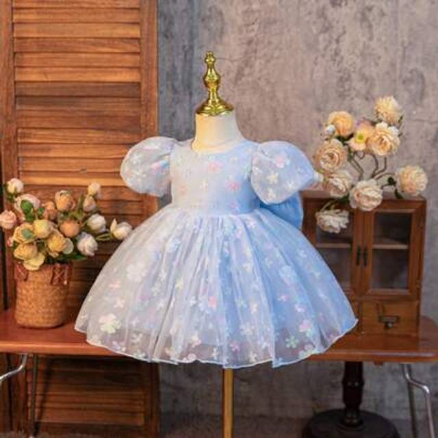 SHEIN Flower Girl, Birthday Party, Wedding Festival Dress - Blue Puff Sleeve Dress For Baby Girls, Removable Big Bowknot, Floral Princess Dress, Lightweight