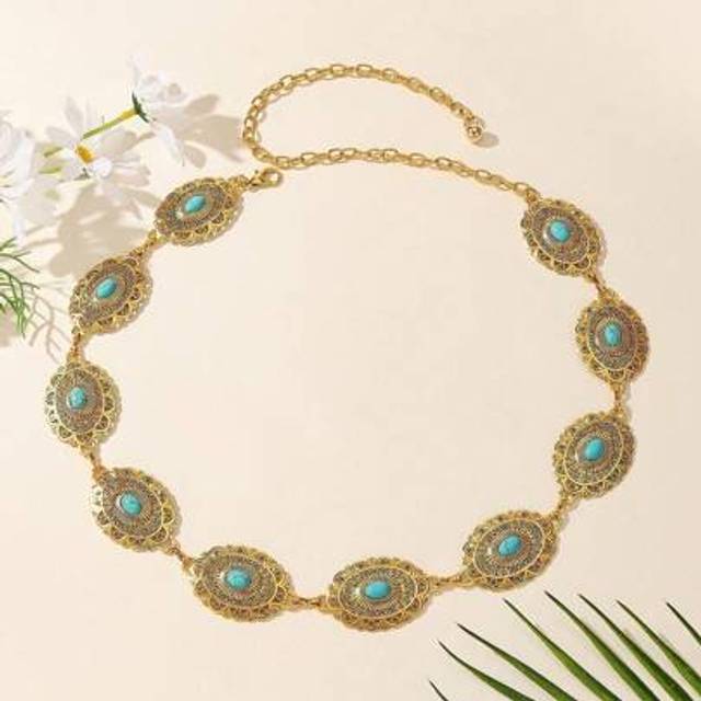 SHEIN Vintage Oval Flower Pattern Faux Silver Waist Chain, Versatile Embossed Metal Waist Belt For Dresses And Pants