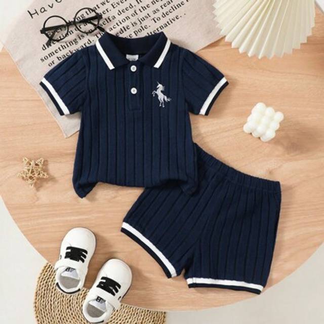 SHEIN 2pcs/Set Toddler Boys&#39; Formal & Casual Polo Collar Embroidered Horse Short Sleeve Top And Shorts, Summer