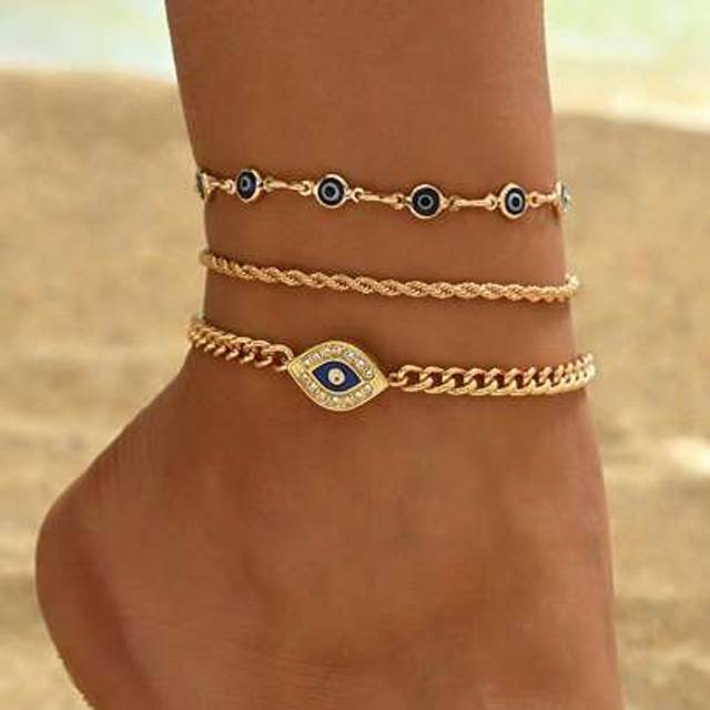 SHEIN 3pcs/Set Fashionable Evil Eye Link Chain Anklets, Metal Feel Minimalist Popular Foot Jewelry For Women, Suitable For Daily Wear, Beach Vacation, Datin